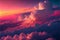Sun Rise in Cloudy Sky Background, Dramatic Sunrise, Airplane View Above Clouds, Generative AI Illustration