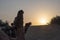 Sun rise at the horizon of Thar desert, Rajasthan, India. Dromedary, dromedary camel, Arabian camel, or one-humped camel is