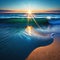 At the sun rises over a dazzlingly blue casting its rays of light across the beach in brilliant