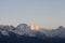 Sun rises over the Ganesh Himal range in Himalayas, Nepal. Gamesh Himal 1 at 7422m is the highest peak in the range.