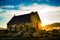 Sun Rising Behind Church of the Good Sherperd at Lake Tekapo