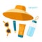 Sun safety. Things necessary on beach for health. Sunscreen cosmetics, water bottle, sunglasses, hat. Product for Summer
