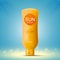 Sun screen lotion bottle template on blue background