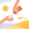 Sun screen protection cream concept. Vector flat people illustration. Human hand squeeze sunscreen cream. Beach with umbrella and