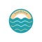 Sun and sea, color logo emblem in minimalist decorative style