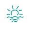 Sun and sea logo. Sketch rising sun with rays and sea waves icon