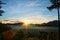 Sun set view over mountains with fog on floor ground in the morning. Alishan National Forest Recreation Area in Chiayi County,