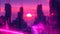 The sun sets behind a cityscape of towering buildings, casting a warm glow over the urban landscape, Cybernetic city under a neon