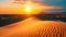 The sun sets, casting a warm orange glow over the sandy dunes, creating a striking contrast in colors, Vast sand dunes under a