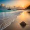 the sun sets over a beach with an inquired - covered shell