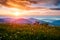 The sun sets over the mountain ranges. Carpathian mountains, Ukraine, Europe