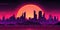 The sun sets over the silhouettes of skyscrapers retro futuristic style. Generative ai