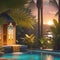 Sun sets on a tropical poolside vacation