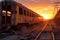 sun setting behind line of decaying train cars