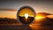 the sun is setting behind a round object in the desert. generative ai