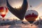 Sun Setting Behind Snowy Mountains as Hot Air Balloons Take Off, their Canopies Covered in Snow. AI generated