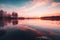 The sun is setting over a calm lake. AI generative image.