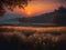 the sun is setting over a field of grass, sunset landscape