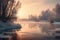 the sun is setting over a frozen river with ice on the water and trees in the background and a few birds flying in the air