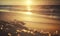 the sun is setting over the ocean on a beach with waves crashing on the sand and the sand is covered with small bubbles of sand