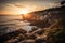 the sun setting over a picturesque coastal cliff, with the rocks and ocean in the background