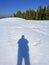 Sun shadow of hiker on the frish spring alpine snow, Einsiedeln - Canton of Schwyz, Switzerland Schweiz