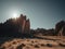 The sun shines brightly on a desert landscape. Generative AI image.