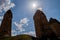 The sun shines over the sandstone formations in Cappadocia, Turkey. A view of the Love valley