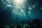 the sun shines through the water over a coral reef with fish swimming below it, in the blue water of the ocean, in the middle of