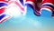 The sun shines through the waving United Kingdom flag. UK, great britain flag on blue sky for banner design. British holiday