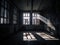 The sun shines through the windows of an abandoned building. Generative AI image.