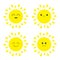 Sun shining icon set. Kawaii face with different emotions. Cute cartoon funny smiling character. Hello summer. White background.