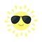 Sun shining icon. Sun face with black pilot sunglassess. Cute cartoon funny smiling character. White background. Isolated. Flat