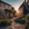 the sun is shining on a narrow cobblestone street