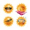 Sun smiles cartoon emoticons and summer emoji faces vector icons set