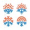 Sun and snowflake emblems. Weather, temperature icon. Freezing, heating, sunny, frosty vector symbols. Any weather