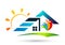 Sun and solar power panel energy system for earth globe home house people life and save energy concept logo icon vector design