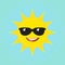 Sun in sunglasses smiling, cute sun icon, avatar image sign, sticker vector illustration 2023. Logo Kids Summer camp