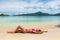 Sun tan beach body Asian bikini swim model tanning legs - Laser spa concept for spider veins, cellulite, hair removal