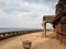 Sun terrace of the abandoned hotel in angkor style. Style of the temple ruins of the Khmer