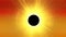 Sun, total solar eclipse computer animation, glowing sun rays about black circle, moon shadow, yellow plasma, dazzling