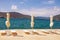 Sun umbrellas on beach in Tivat town. Bay of Kotor Adriatic Sea, Montenegro