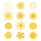 Sun vector sunny icon with yellow sunlight and sunshine emoticon illustration set of bright sunburst weather sunset or