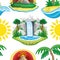 Sun, volcano, waterfall and tropical island