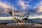 The Sun Voyager, a modern sculpture by Jon Gunnar Arnason, of a viking ship. Sunrise in Reykjavik, Iceland