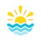 Sun with water icon. Sun rising or setting over waves. Yellow sun and wavy blue water.