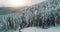 Sun winter forest at snow mountains ski slopes aerial. Nobody nature landscape. Frozen pine trees