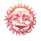 The sun with the wrinkled face of a wise old man looks with kindness in his eyes, old fashioned woodcut style design