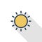 Sun yellow thin line flat color icon. Linear vector symbol. Colorful long shadow design.