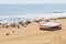 Sunbathers on the sand at Virginia Beach, VA.